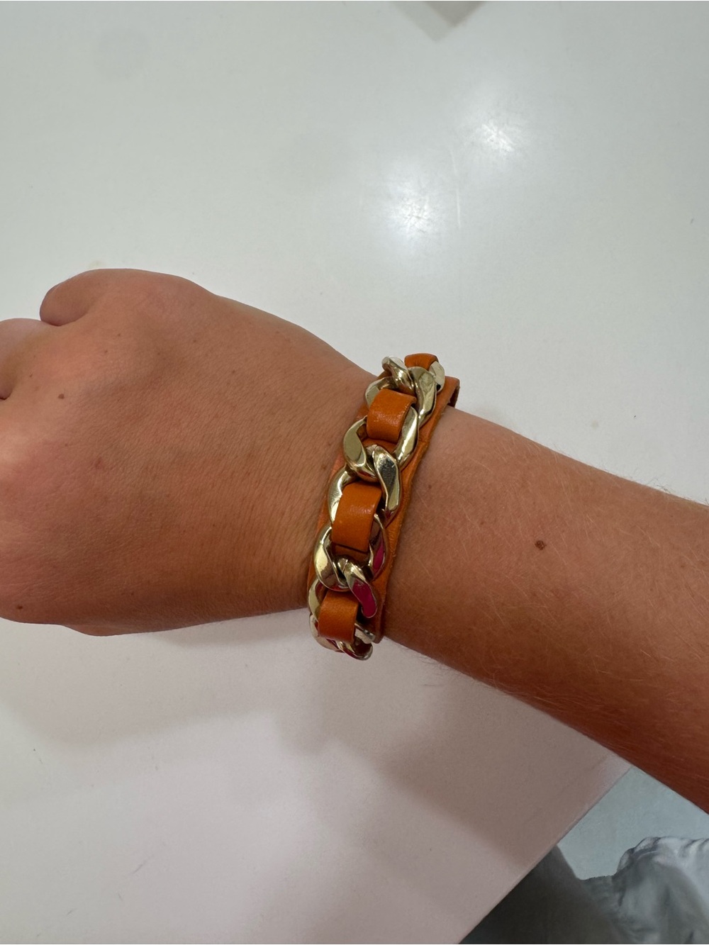 Gold Chain and Tan Leather Wrap Bracelet